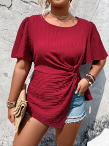 SHEIN LUNE Plus Twist Front Asymmetrical Hem Blouse - Burgundy - View 5