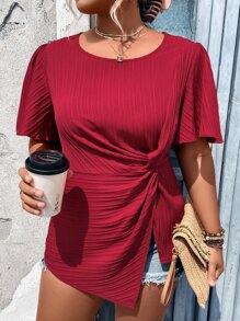 SHEIN LUNE Plus Twist Front Asymmetrical Hem Blouse - Burgundy - View 6