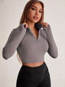 Easithlete Quick-drying Half Zipper Crop Sports Sweatshirt With Thumb Holes - Grey - View 5