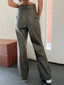 DAZY High Waist PU Straight Leg Trousers - Army Green - View 2