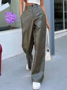DAZY High Waist PU Straight Leg Trousers - Army Green - View 4