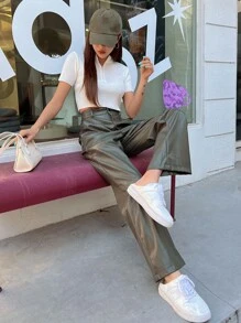 DAZY High Waist PU Straight Leg Trousers - Army Green - View 6