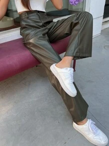 DAZY High Waist PU Straight Leg Trousers - Army Green - View 7