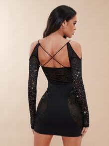 SHEIN BAE Rhinestone Detail Crisscross Cold Shoulder Bodycon Dress - Black - View 2