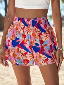 SHEIN VCAY Tropical Print Shirred Waist Wide Leg Shorts - Multicolor - View 4