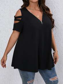 EMERY ROSE 大码 V 领拉链装饰针织露肩短袖休闲和工作 T 恤 - 黑色 - 查看 5