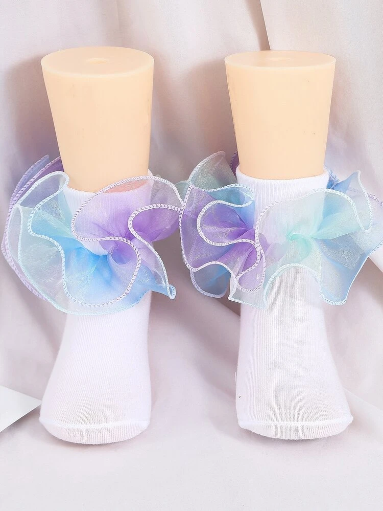 1 זוג גרביים לילדות פעוטות Ombre Ruffle Trim Crew - ריבוי צבעים - ראה 1