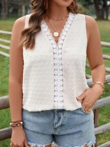 SHEIN LUNE Plus Swiss Dot Guipure Lace Panel Sleeveless Blouse - Apricot - View 1