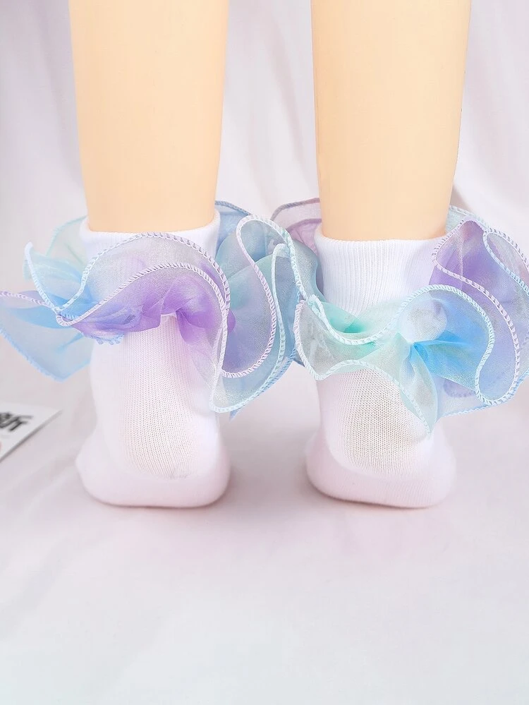 1 זוג גרביים לילדות פעוטות Ombre Ruffle Trim Crew - ריבוי צבעים - ראה 2