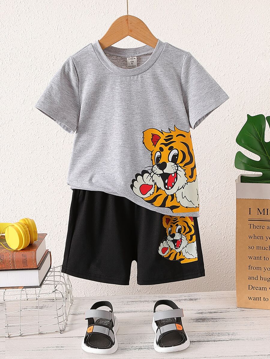 SHEIN 小男童老虎印花T恤和短褲 - 彩色 - 查看 1