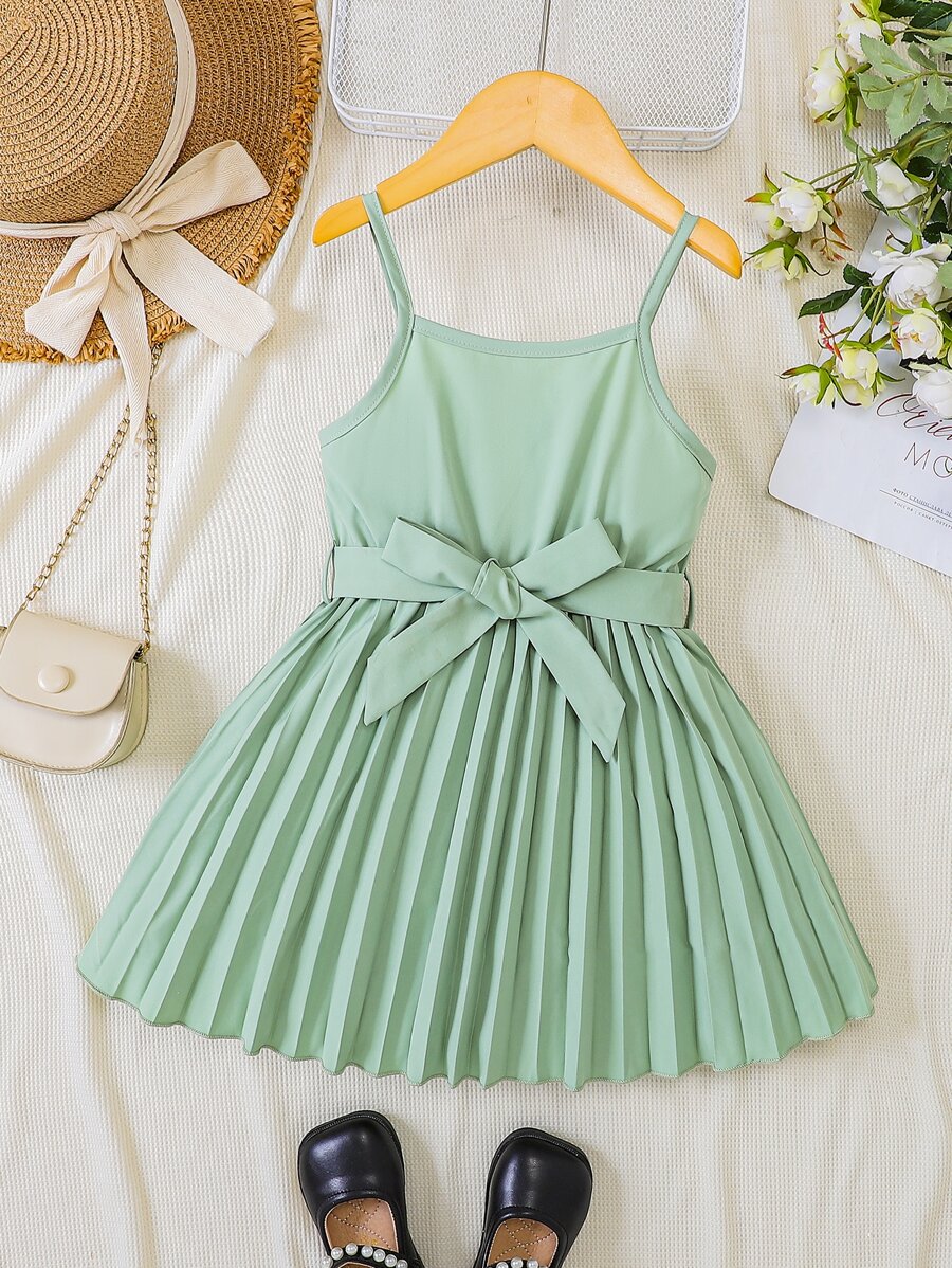 Cô Gái Trẻ Giải trí Màu xanh lá Váy có thắt lưng Với Viền xếp , Thích hợp Cho mùa hè - màu xanh lá - Xem 1