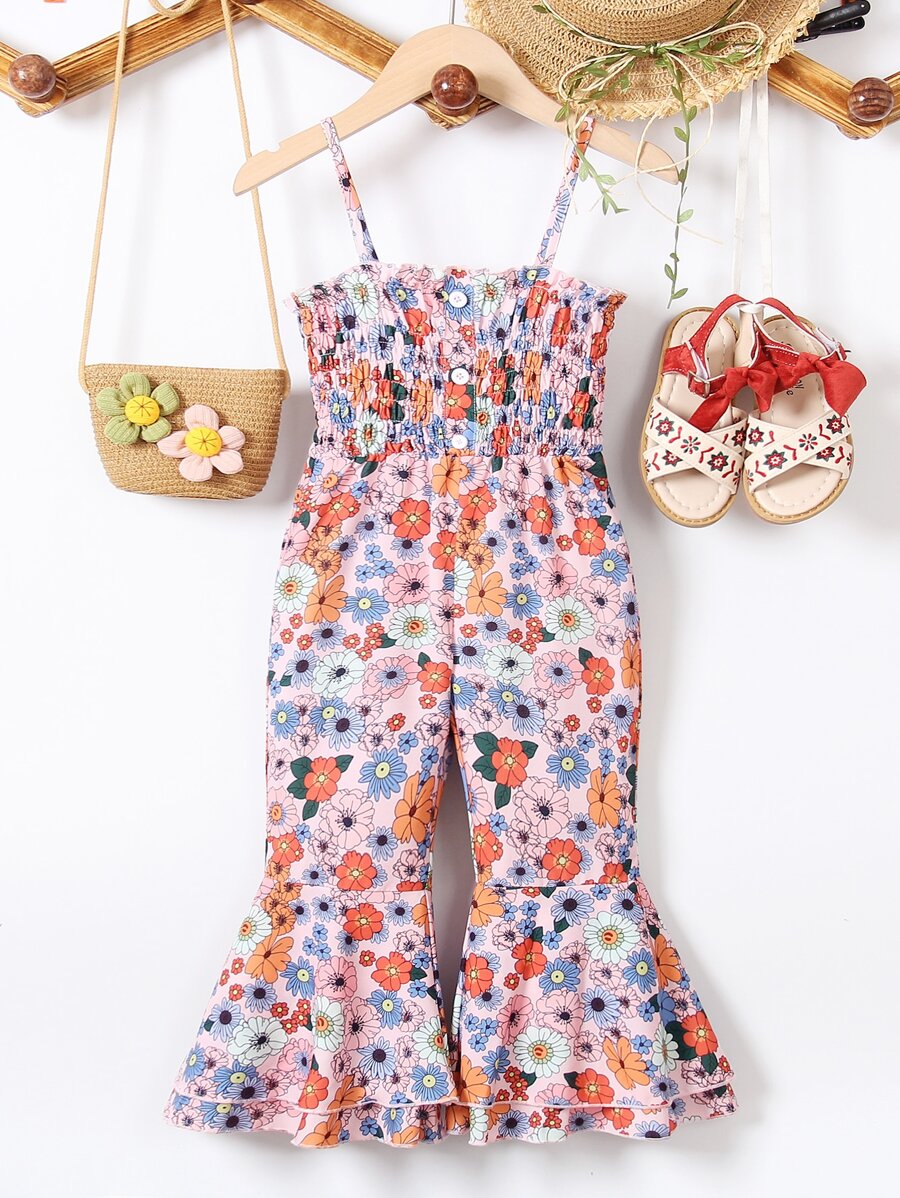 SHEIN Toddler Girls Floral Print Ruffle Hem Cami Flare Leg Trousers - Multicolor - View 1
