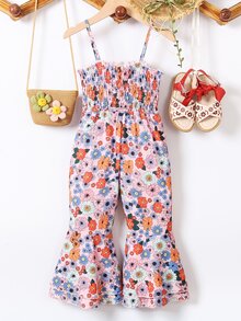 SHEIN Toddler Girls Floral Print Ruffle Hem Cami Flare Leg Trousers - Multicolor - View 2