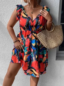 SHEIN Holidaya Plus Floral Print Ruffle Trim Dress - Multicolor - View 3