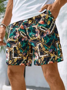 Manfinity RSRT Loose Fit Men's Chain Pattern Drawstring Waist Shorts - Multicolor - View 1