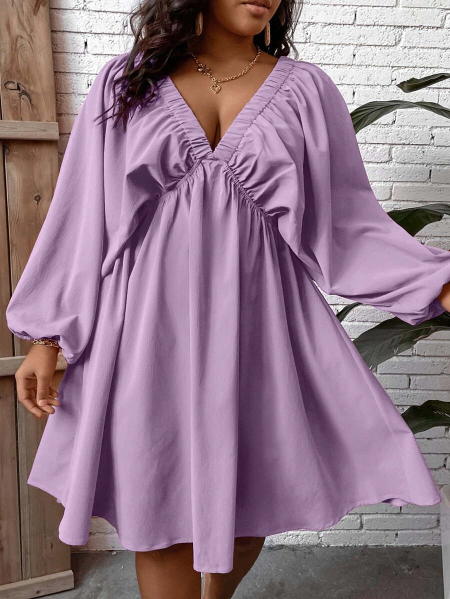 SHEIN LUNE Vestido con cordón trasero de cuello profundo de manga farol - Morado - Ver 1