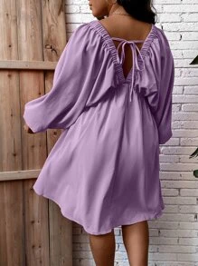 SHEIN LUNE Vestido con cordón trasero de cuello profundo de manga farol - Morado - Ver 2