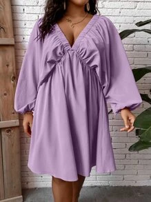 SHEIN LUNE Vestido con cordón trasero de cuello profundo de manga farol - Morado - Ver 3