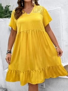 SHEIN Holidaya 大碼蕾絲拼接荷葉邊娃娃裙 - 黃色 - 查看 4