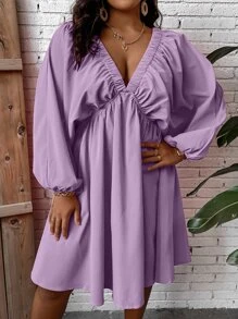 SHEIN LUNE Vestido con cordón trasero de cuello profundo de manga farol - Morado - Ver 6