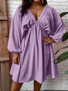 SHEIN LUNE Vestido con cordón trasero de cuello profundo de manga farol - Morado - Ver 7