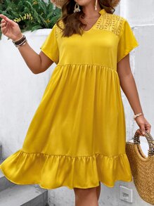 SHEIN Holidaya 大碼蕾絲拼接荷葉邊娃娃裙 - 黃色 - 查看 6