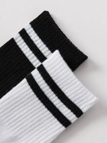 6pairs Men Striped Pattern Crew Socks - Black and White - View 2