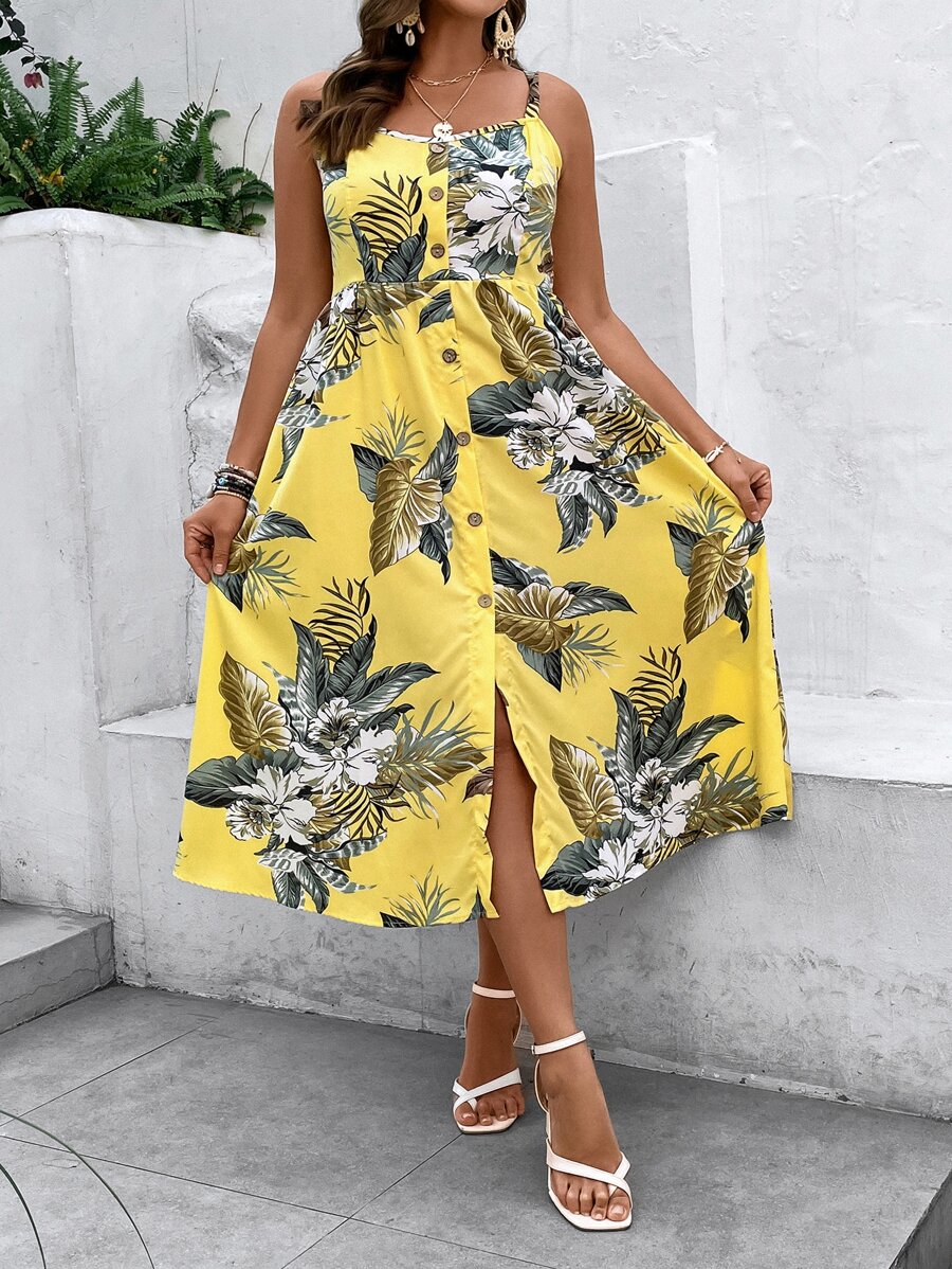 SHEIN Clasi Plus Tropical Print Button Front Cami Dress - Yellow - View 1