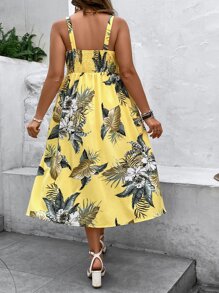 SHEIN Clasi Plus Tropical Print Button Front Cami Dress - Yellow - View 2