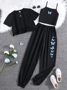 SHEIN Dwuczęściowe Ubrania Dziewczęce Asymetryczny dół Kieszeń Motyl Casual - Czarne - Zobacz 1