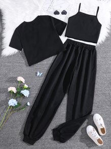 SHEIN Dwuczęściowe Ubrania Dziewczęce Asymetryczny dół Kieszeń Motyl Casual - Czarne - Zobacz 2