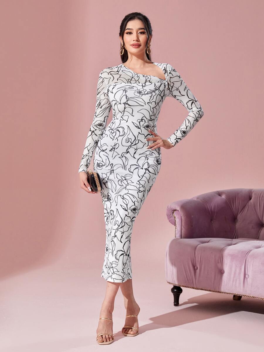 Modelyn Floral Print Asymmetrical Neck Bodycon Dress - Black and White - View 1