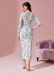 Modelyn Floral Print Asymmetrical Neck Bodycon Dress - Black and White - View 2
