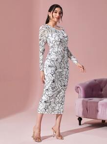 Modelyn Floral Print Asymmetrical Neck Bodycon Dress - Black and White - View 5