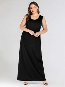 Plus Solid Maxi Tank Dress - Black - View 1