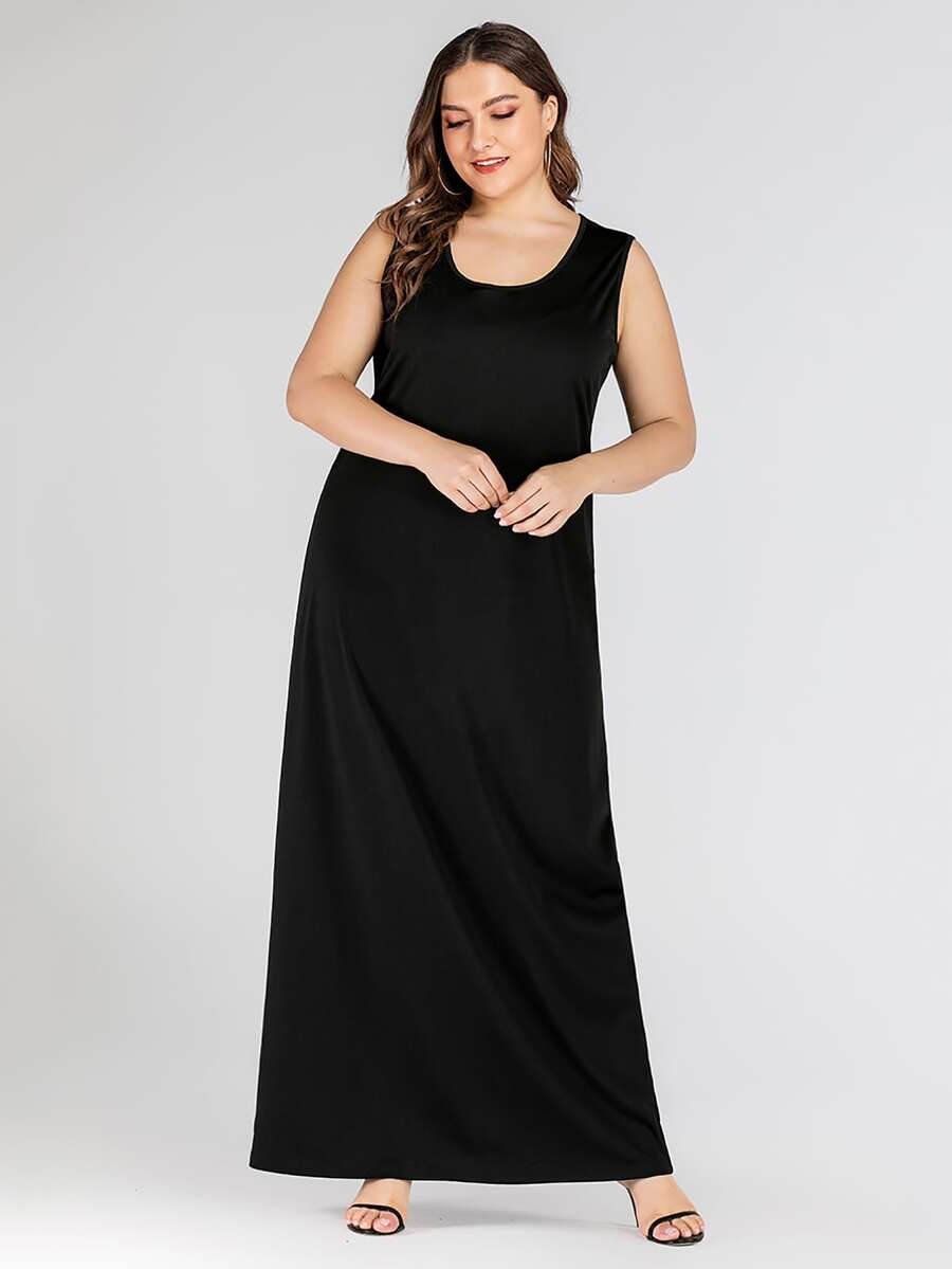 Plus Solid Maxi Tank Dress - Black - View 1