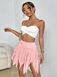 SHEIN ICON Váy nữ Bất đối xứng Ren lên phân lớp màu trơn Giải trí - Màu Hồng baby - Xem 3