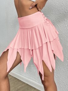 SHEIN ICON Váy nữ Bất đối xứng Ren lên phân lớp màu trơn Giải trí - Màu Hồng baby - Xem 5