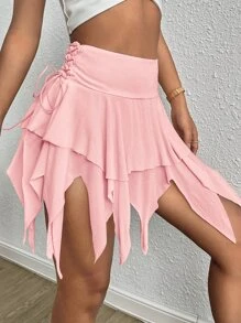 SHEIN ICON Váy nữ Bất đối xứng Ren lên phân lớp màu trơn Giải trí - Màu Hồng baby - Xem 6