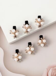 6个珍珠水钻花朵造型发夹，优雅发饰 - 彩色 - 查看 1