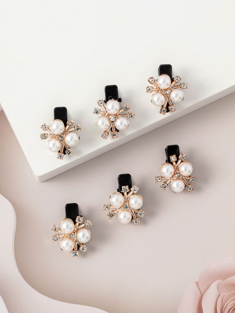 6个珍珠水钻花朵造型发夹，优雅发饰 - 彩色 - 查看 1