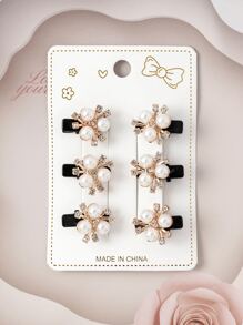 6个珍珠水钻花朵造型发夹，优雅发饰 - 彩色 - 查看 2