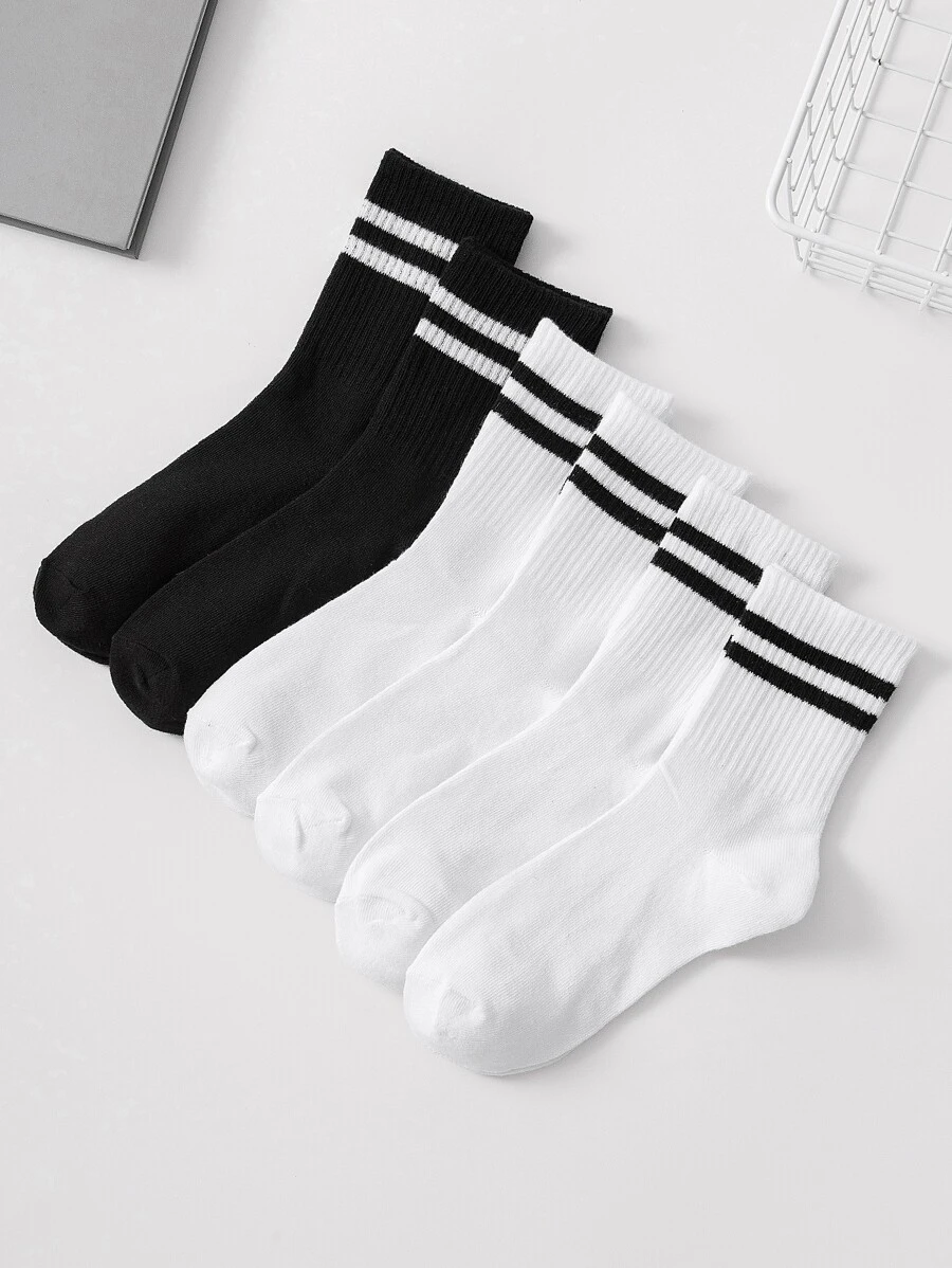 6pairs Women Striped Pattern Casual Crew Socks - Black and White - View 1