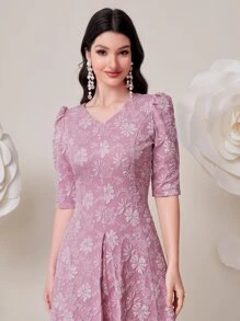 Mulvari 提花泡泡袖A字連衣裙 - 彩色 - 查看 5