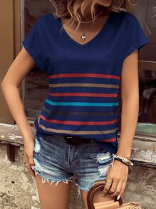 SHEIN LUNE Striped Print Batwing Sleeve Tee - Navy Blue - View 1