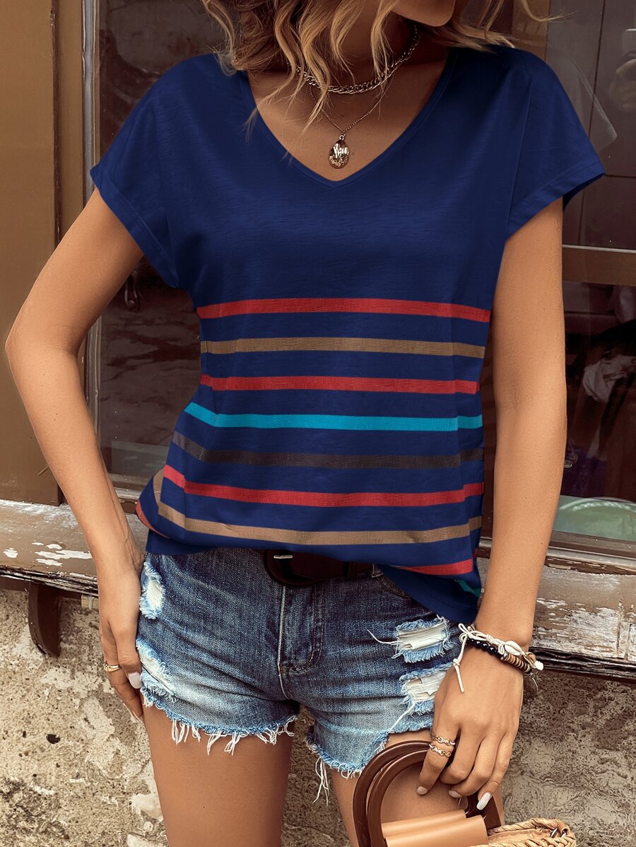 SHEIN LUNE Striped Print Batwing Sleeve Tee - Navy Blue - View 1