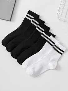 6pairs Men Striped Pattern Crew Socks - Black and White - View 1