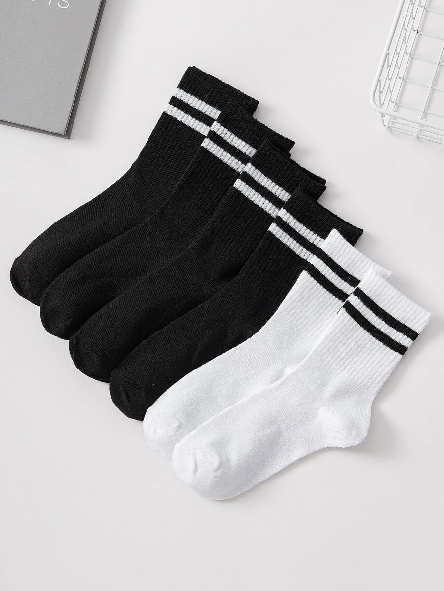 6pairs Men Striped Pattern Crew Socks - Black and White - View 1