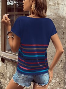 SHEIN LUNE Striped Print Batwing Sleeve Tee - Navy Blue - View 2