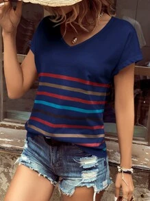 SHEIN LUNE Striped Print Batwing Sleeve Tee - Navy Blue - View 3